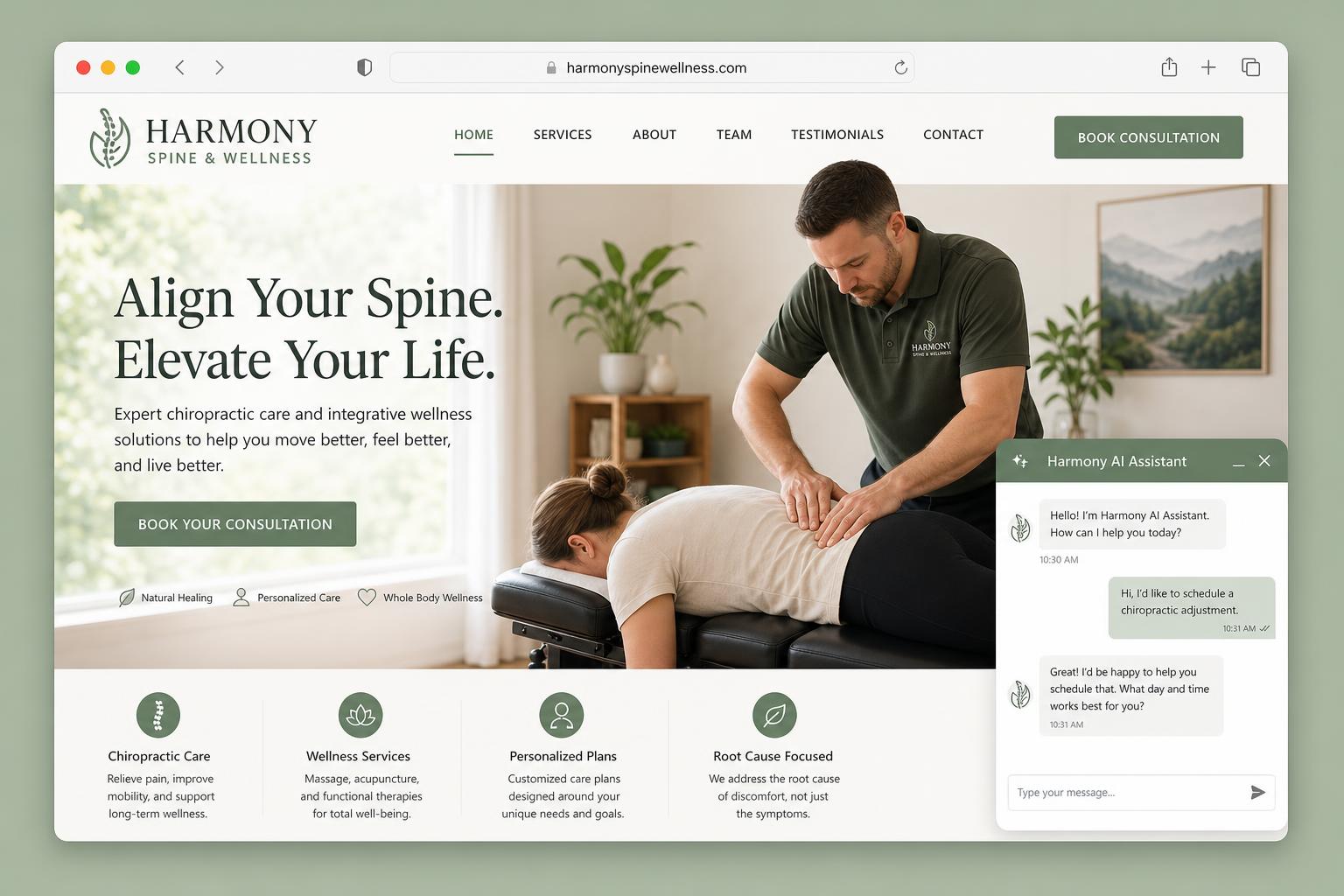 Chiropractic website with AI assistant scheduling a consultation