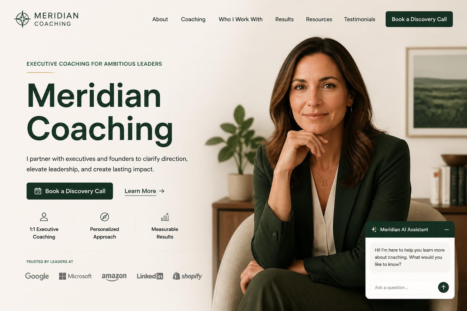 Executive coaching website with AI assistant booking discovery calls