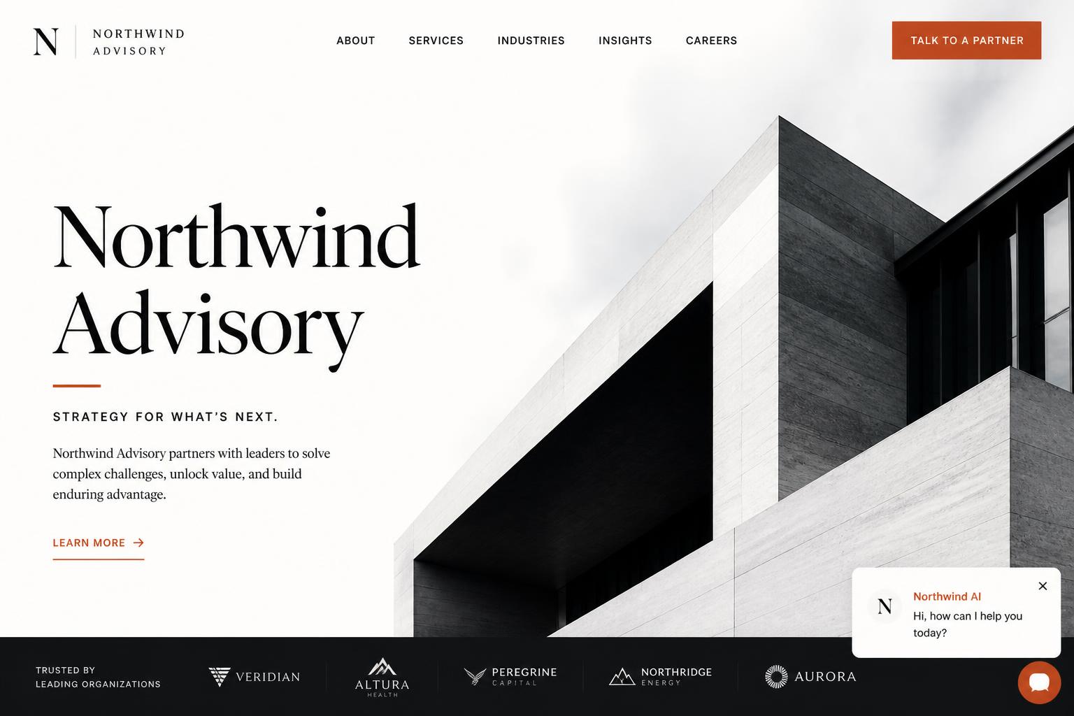 Boutique consulting firm website with AI assistant routing leads to partners