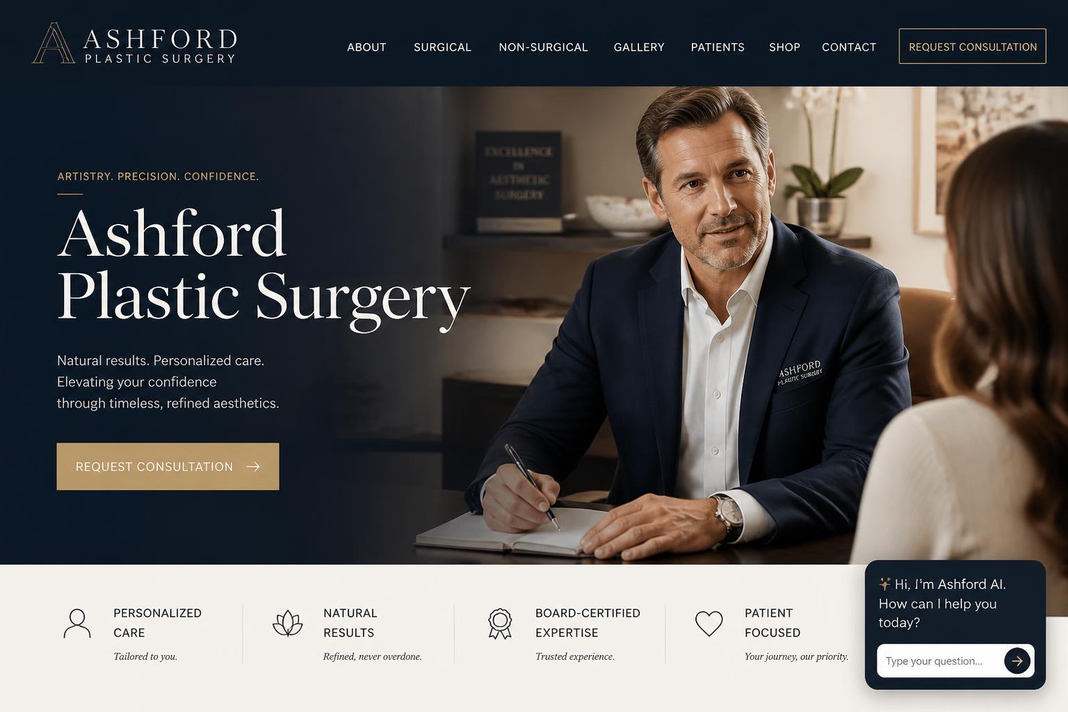 Cosmetic surgeon website with AI assistant qualifying inquiries