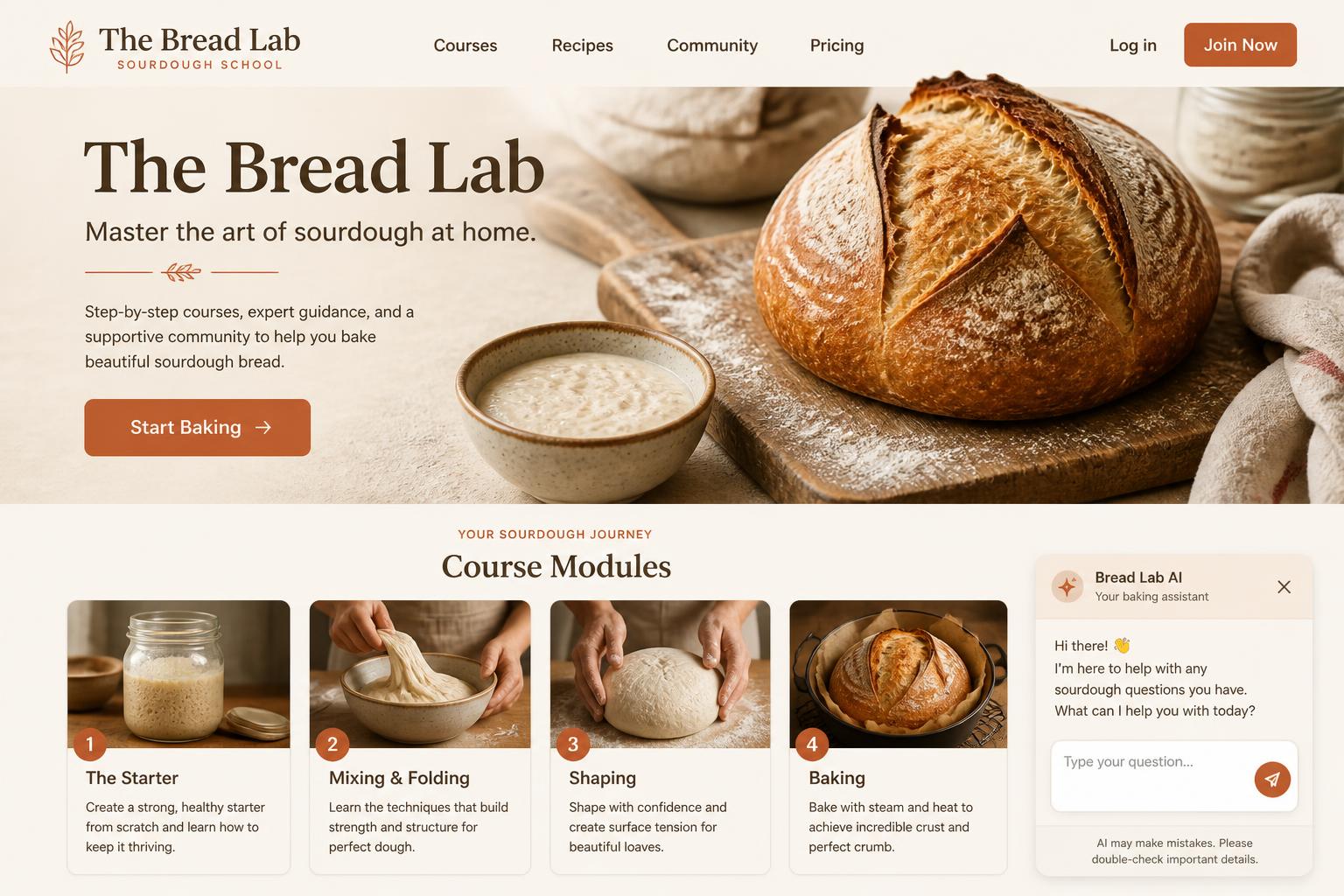 Online sourdough baking course website with AI assistant helping students