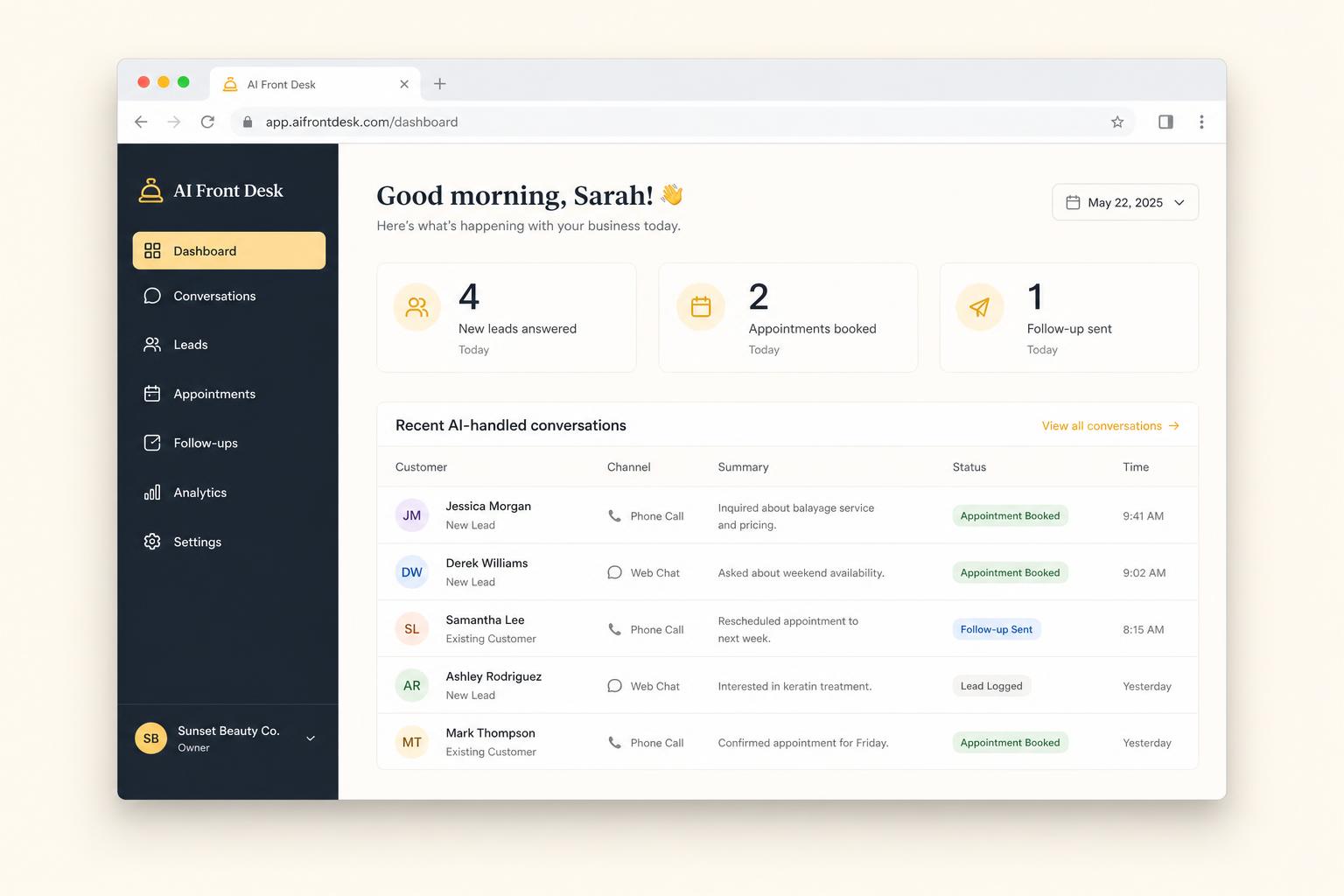 Owner dashboard showing AI-handled leads, appointments and follow-ups