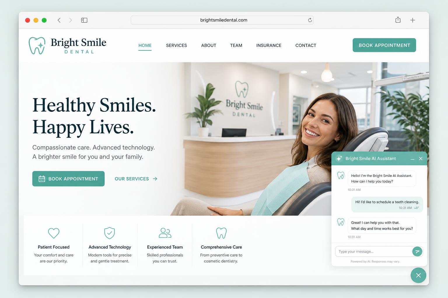 Dental website with AI assistant booking a cleaning appointment