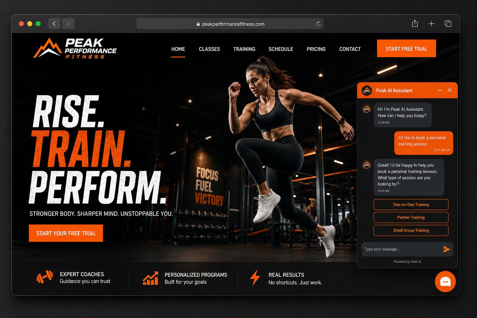 Fitness studio website with AI assistant booking personal training