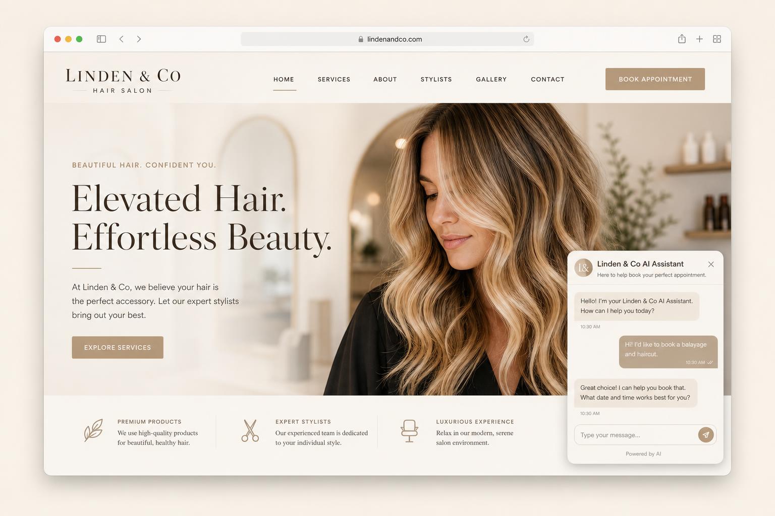 Hair salon website with AI assistant booking an appointment