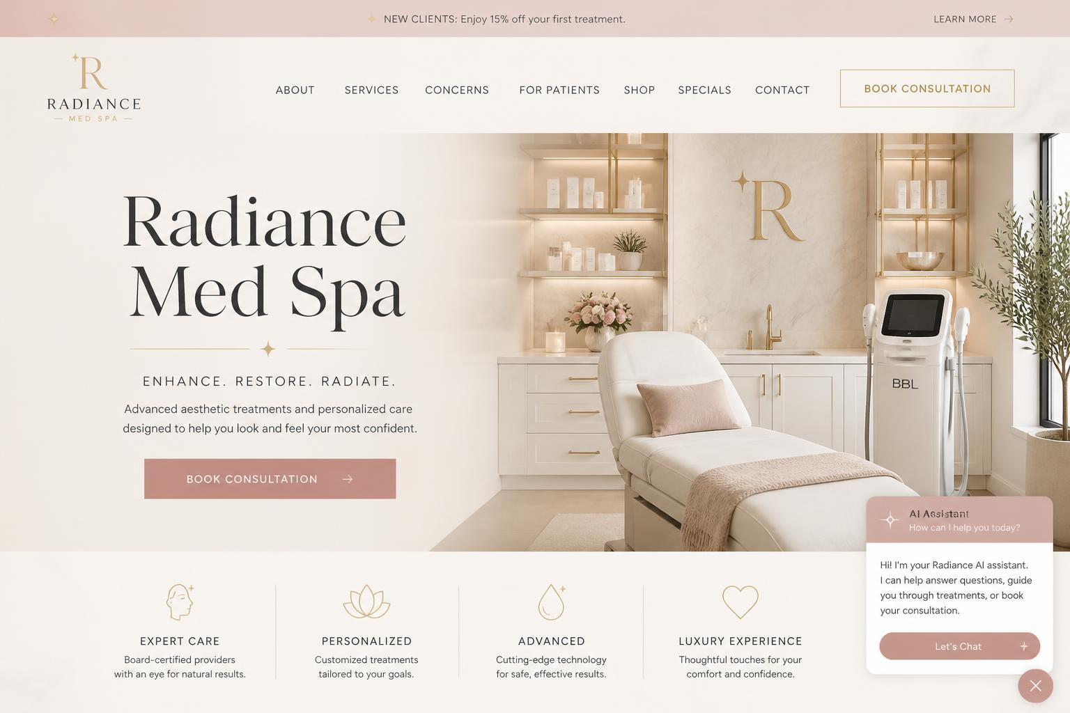 Med spa website with AI assistant booking a consultation