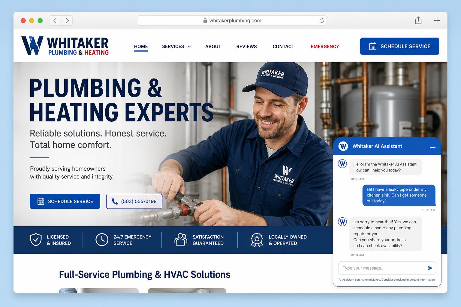 Plumbing website with AI assistant dispatching emergency service