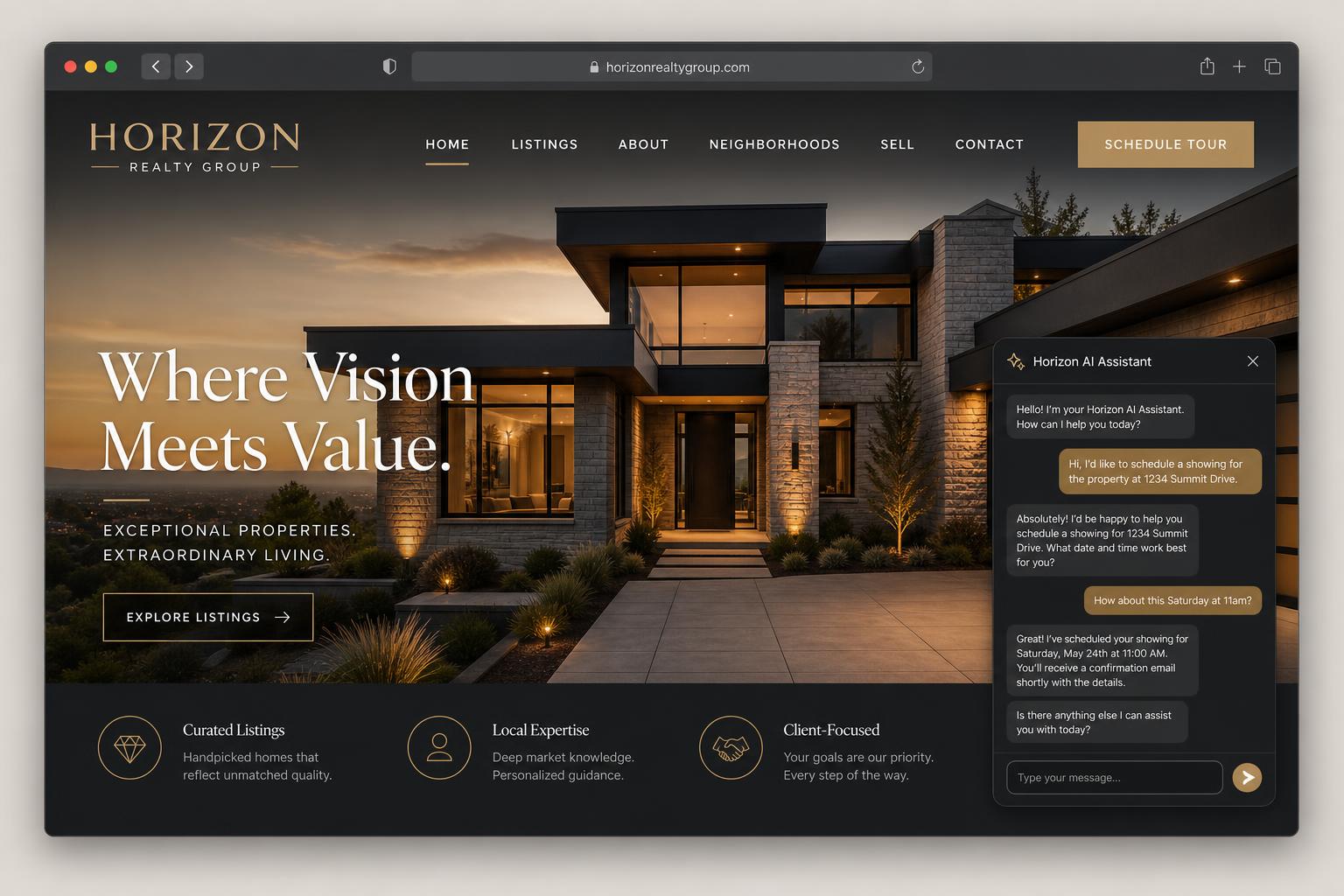 Real estate website with AI assistant scheduling property showings